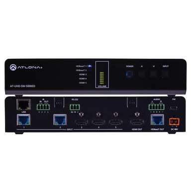 Atlona 4K/UHD 5-Input HDMI Switcher with Two HDBaseT In & Mirrored HDMI/HDBaseT Out
