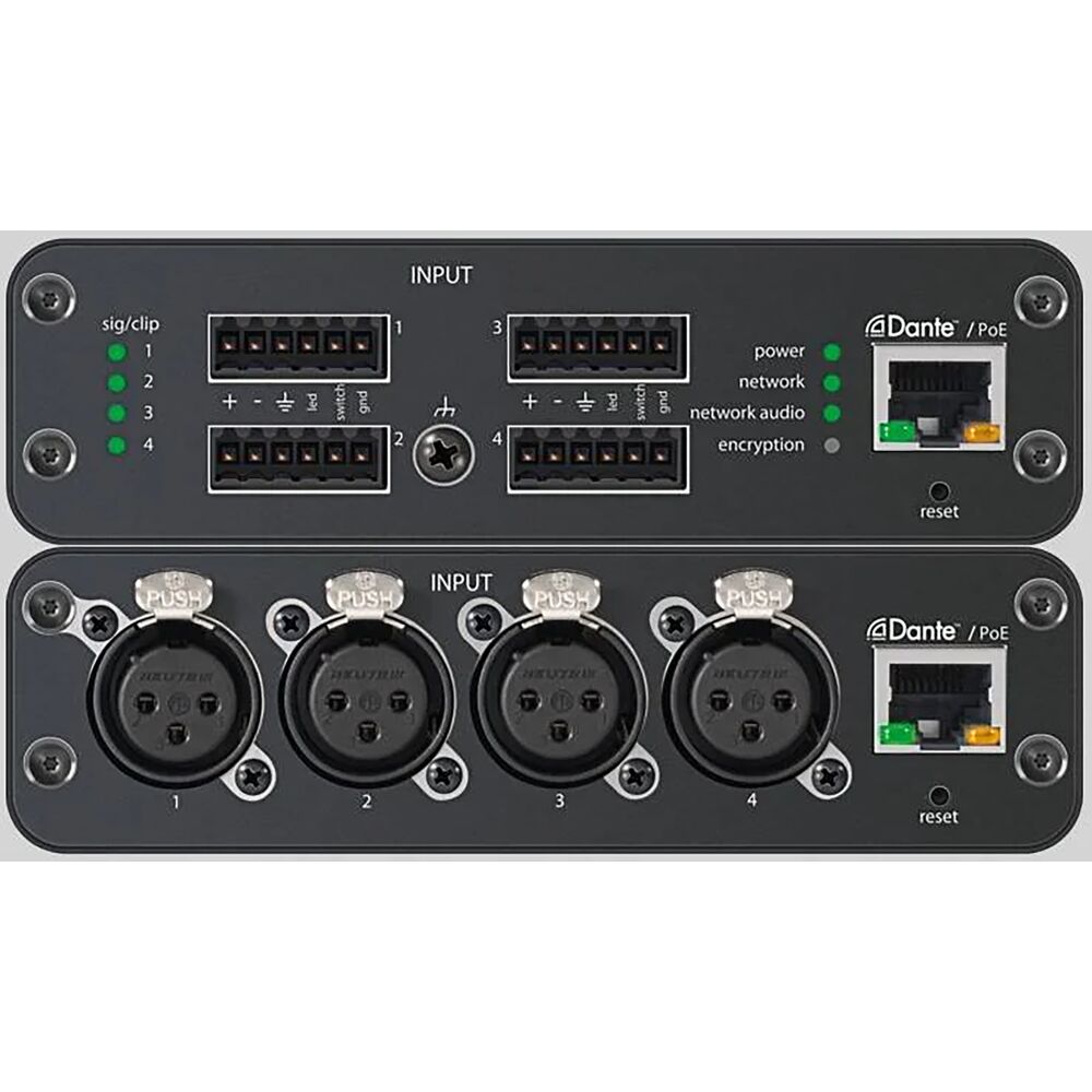 4Input; Block connectors; Mic/Line Dante.Audio Network Interface