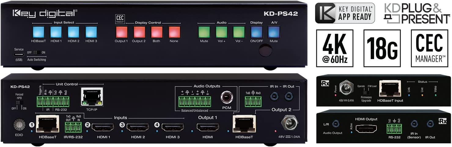 Key Digital 4K 18G Presentation Switcher with 4 Inputs, 2 Mirrored HDMI HDBaseT Outputs - KD-PS42 [USED]