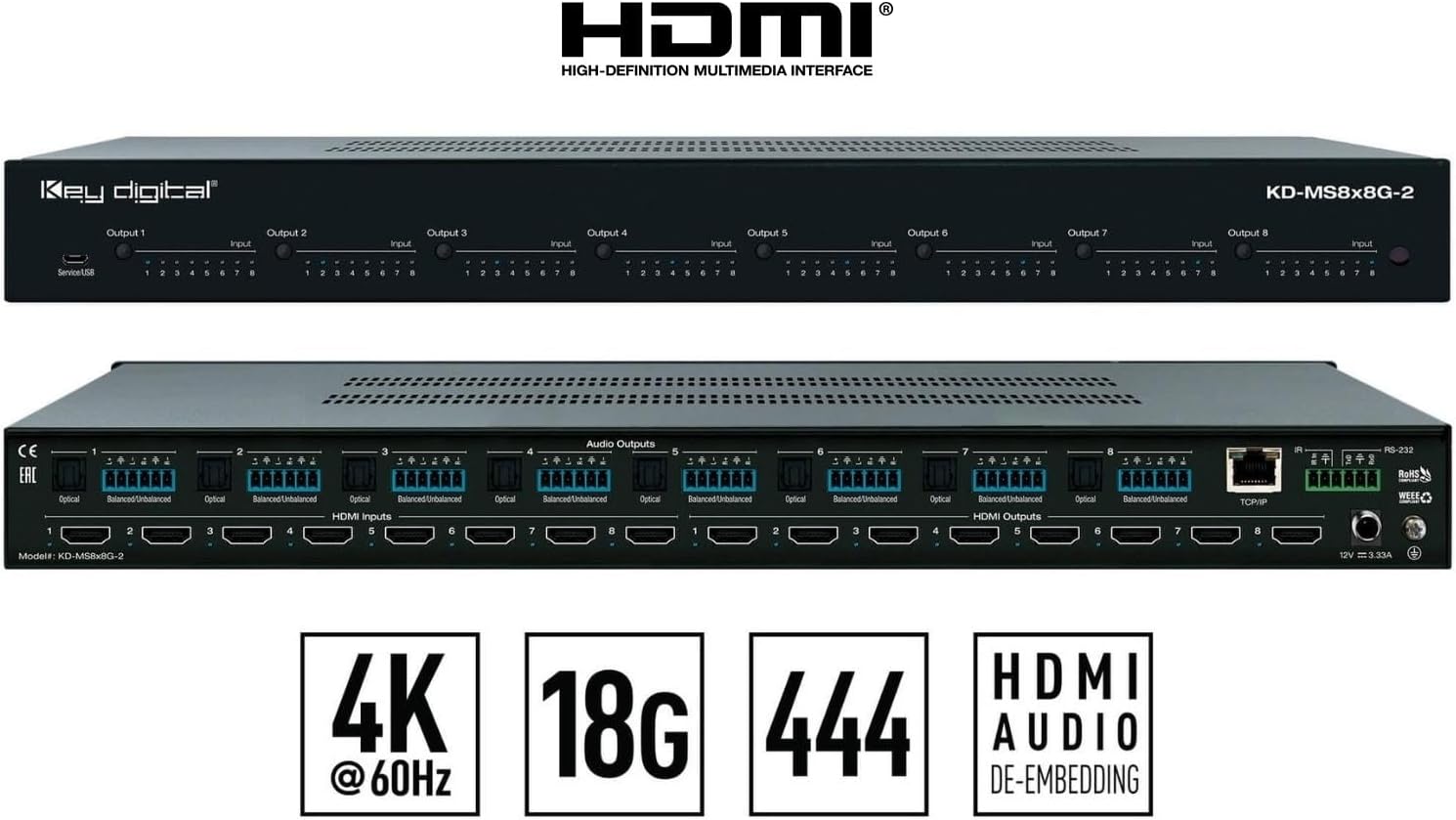 Key Digital 8x8 HDMI Matrix Switcher, Ultra HD 4K 60Hz Commercial AV Router